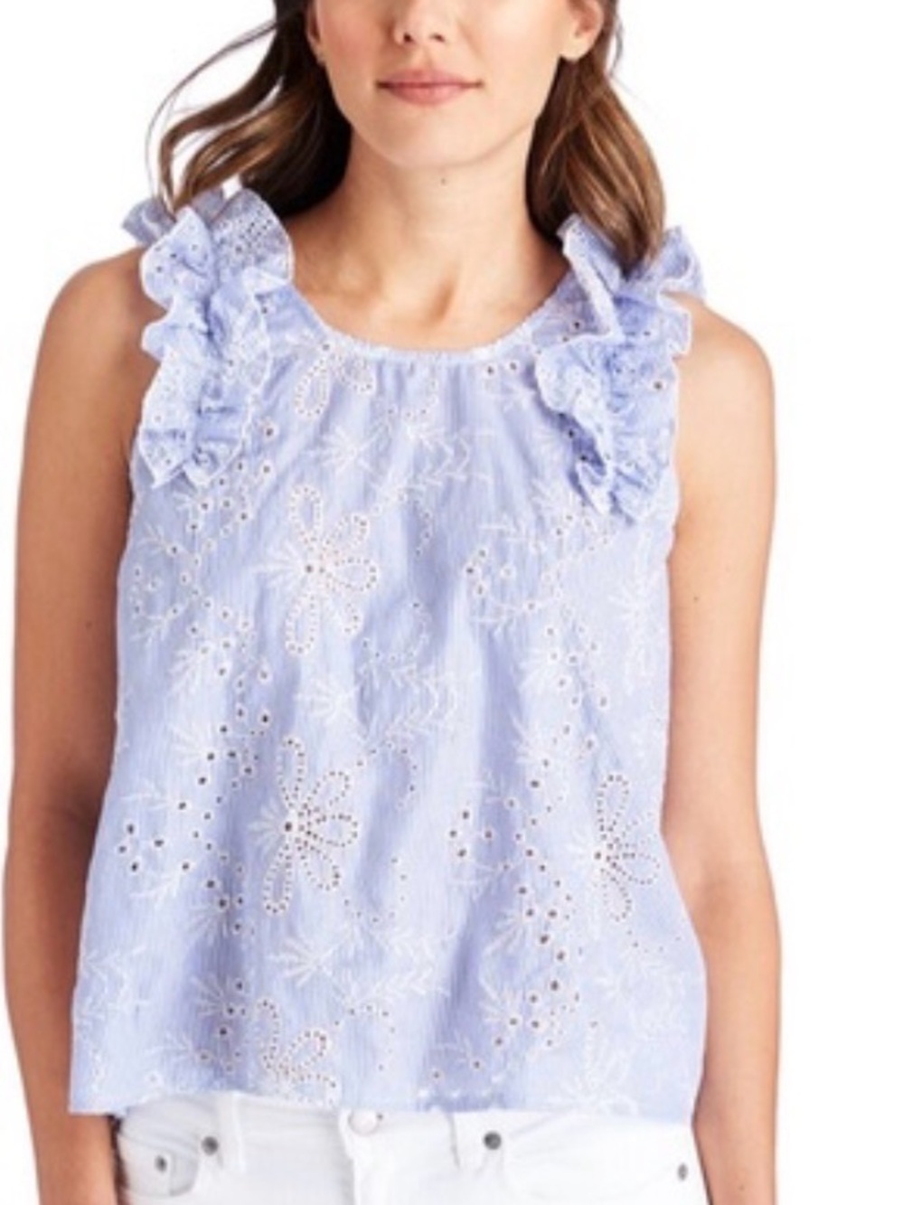 Vineyard Vines Blue White Striped Eyelet Ruffle Sleeveless Top Preppy M
